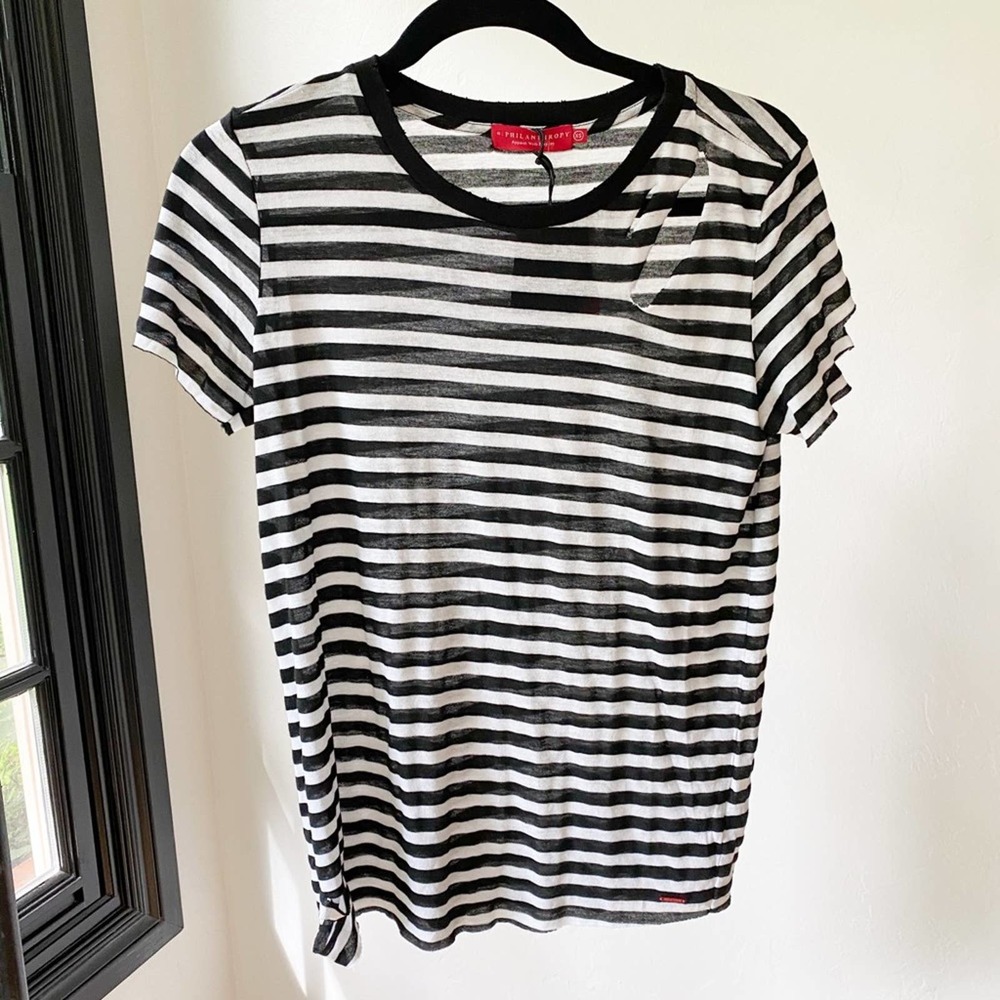 N:PHILANTHROPY Women's Black/White Striped Distressed Wash Out Atlas Tee sz XS